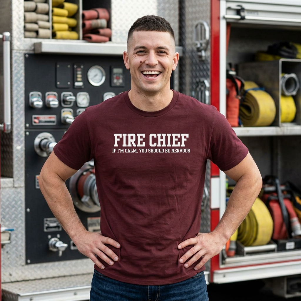 man wearing maroon t-shirt with “Fire Chief If I’m Calm You Should Be Nervous” text standing in front of fire truck equipment