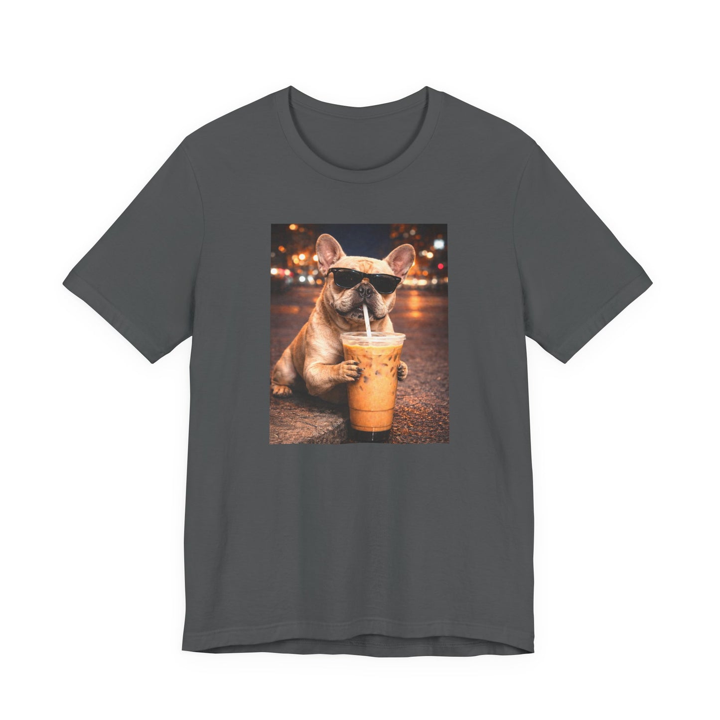 Asphalt graphic t-shirt featuring a french bulldog in sunglasses holding iced coffee against a blurred city night background