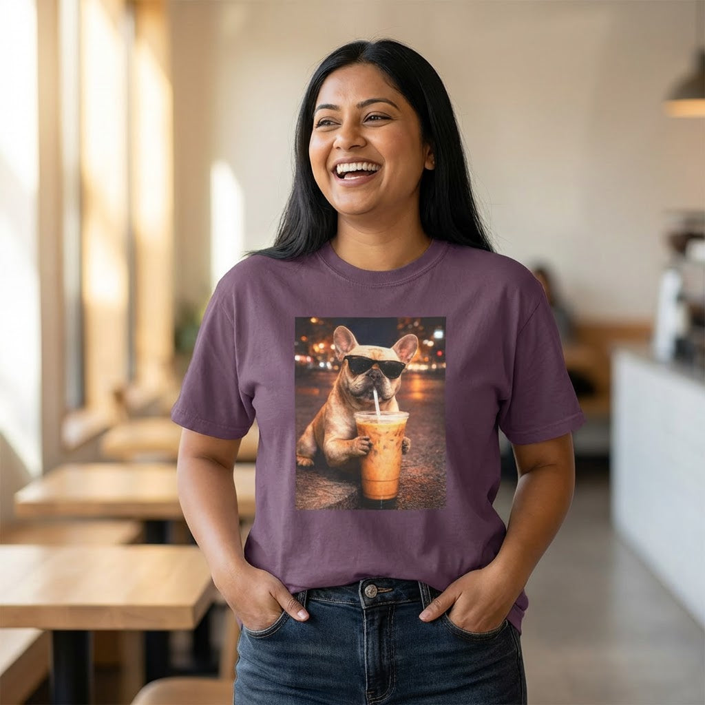 woman wearing berry purple graphic tee featuring a french bulldog in sunglasses holding iced coffee in a bright cafe setting