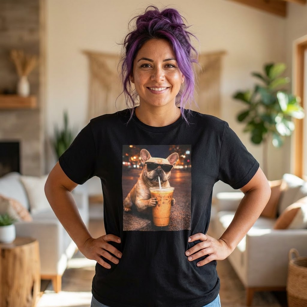 woman wearing black graphic tee featuring a french bulldog in sunglasses holding iced coffee in a cozy home setting