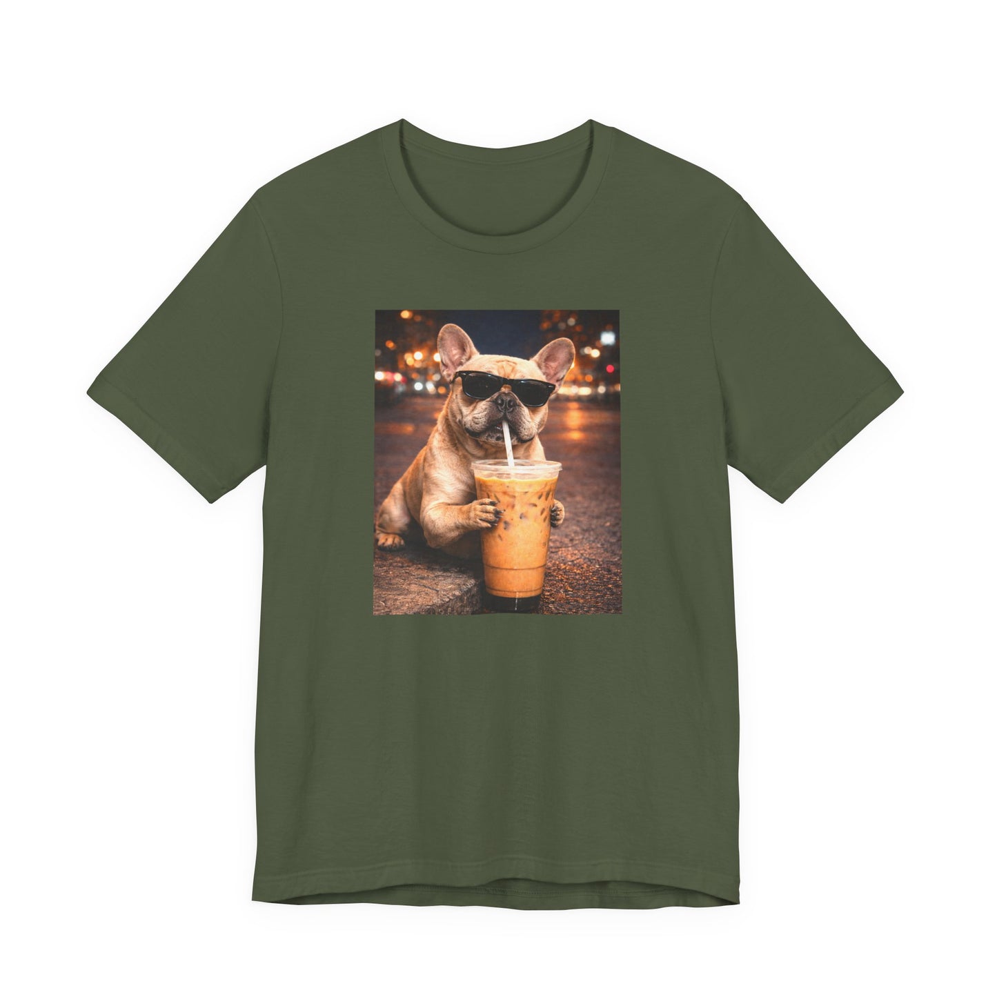 military green graphic t-shirt featuring a french bulldog in sunglasses holding iced coffee against a blurred city night background