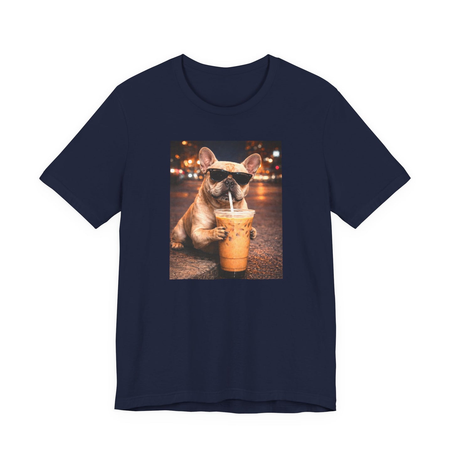 navy blue graphic t-shirt featuring a french bulldog in sunglasses holding iced coffee against a blurred city night background