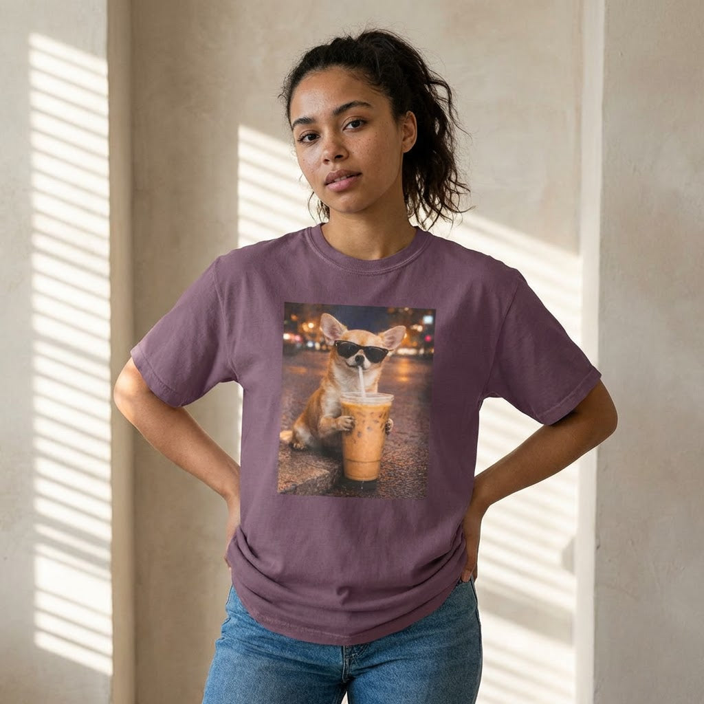 berry graphic t-shirt featuring a chihuahua in sunglasses drinking iced coffee styled in a relaxed casual outfit
