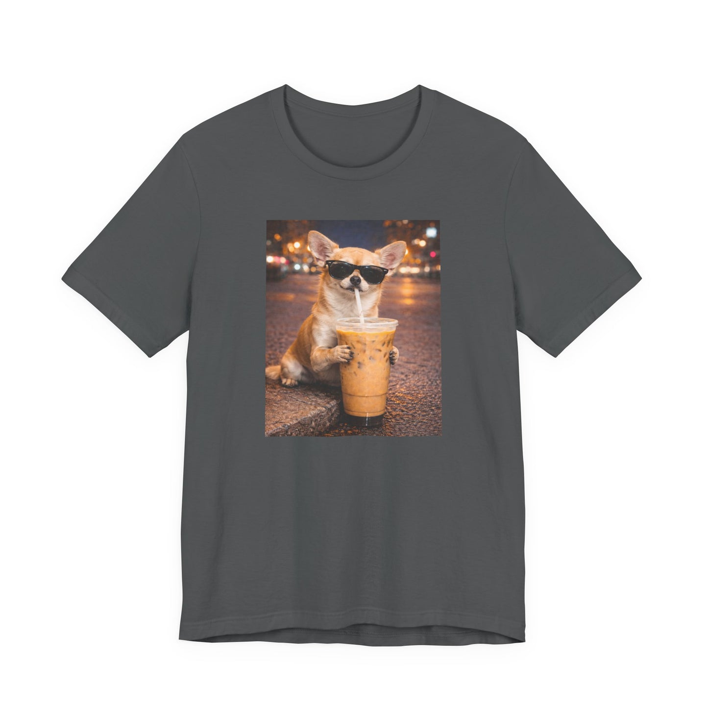 charcoal graphic t-shirt featuring a chihuahua wearing sunglasses and drinking iced coffee while holding an iced coffee drink