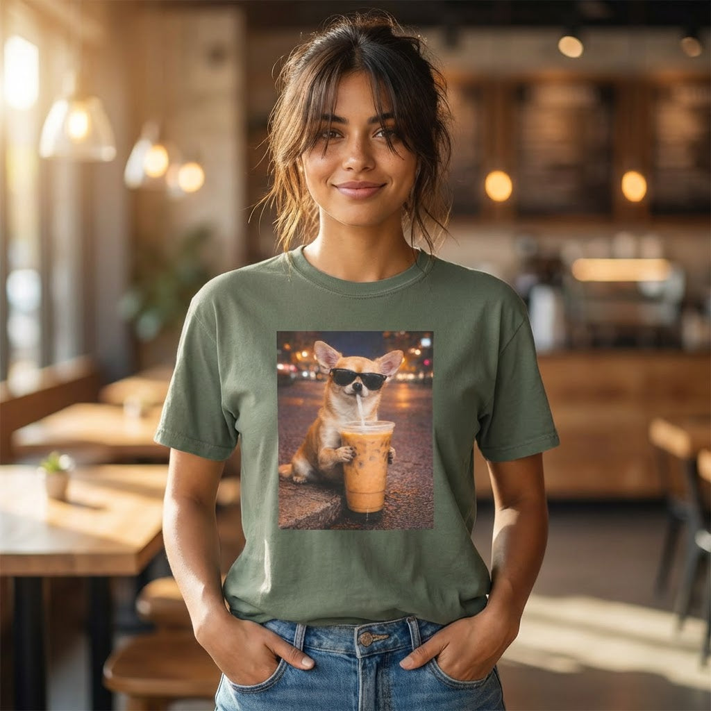 green graphic t-shirt featuring a chihuahua in sunglasses drinking iced coffee styled in a casual cafe outfit setting