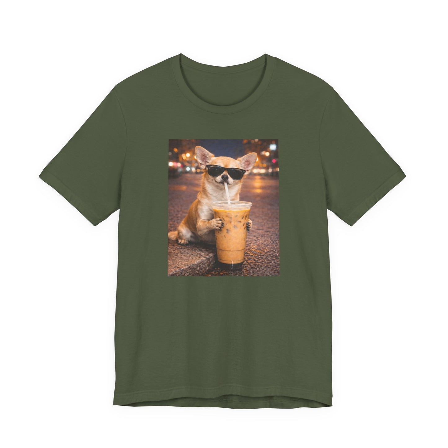 military green graphic t-shirt featuring a chihuahua wearing sunglasses and drinking iced coffee while holding an iced coffee drink