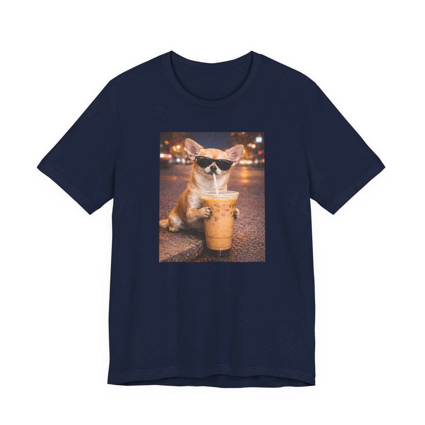 navy blue graphic t-shirt featuring a chihuahua wearing sunglasses and drinking iced coffee while holding an iced coffee drink