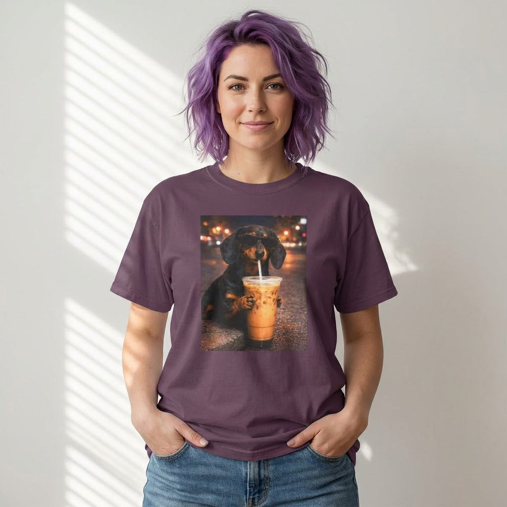woman wearing a berry graphic t-shirt featuring a dachshund dog in sunglasses drinking iced coffee in a casual outfit