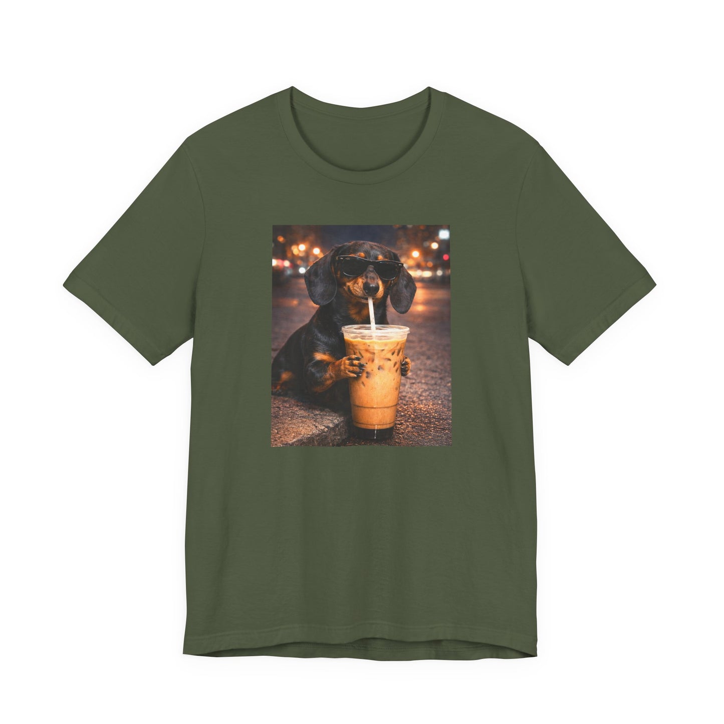 military green graphic t-shirt featuring a dachshund dog in sunglasses drinking iced coffee on a nighttime street background