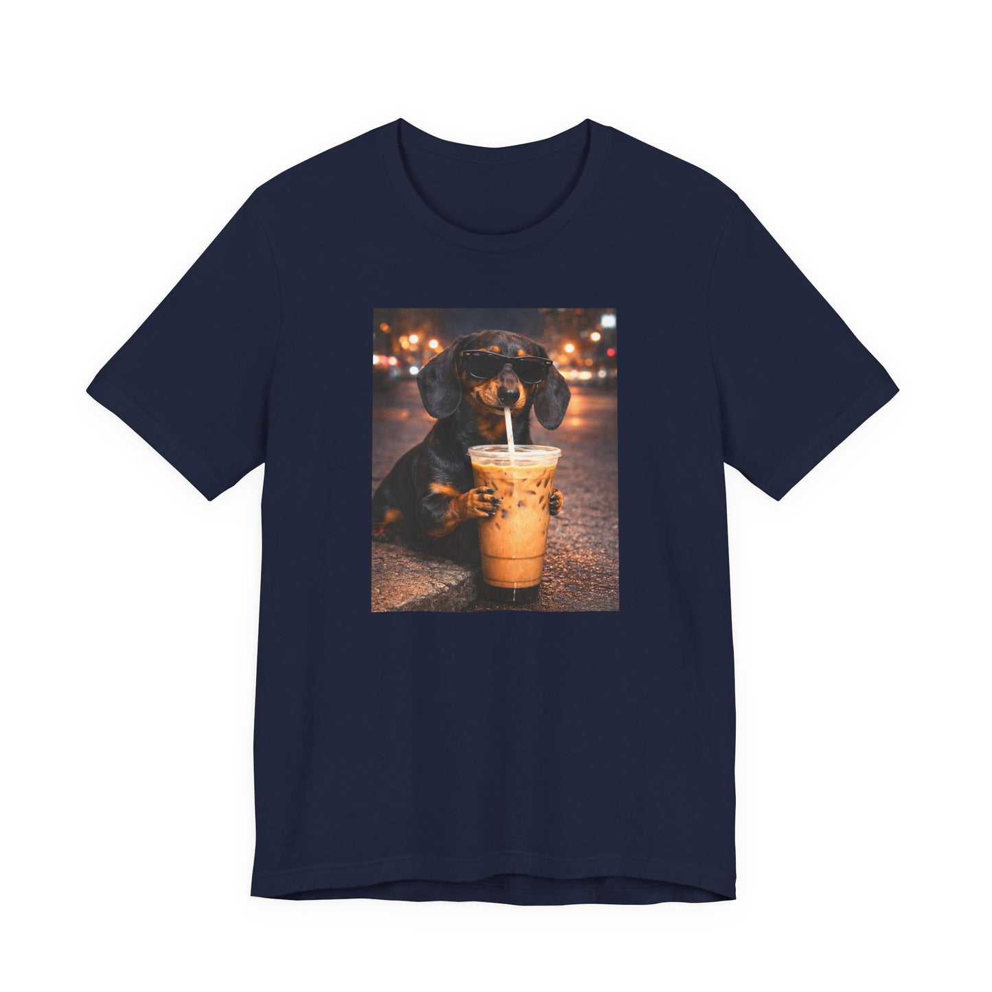 navy graphic t-shirt featuring a dachshund dog in sunglasses drinking iced coffee on a nighttime street background