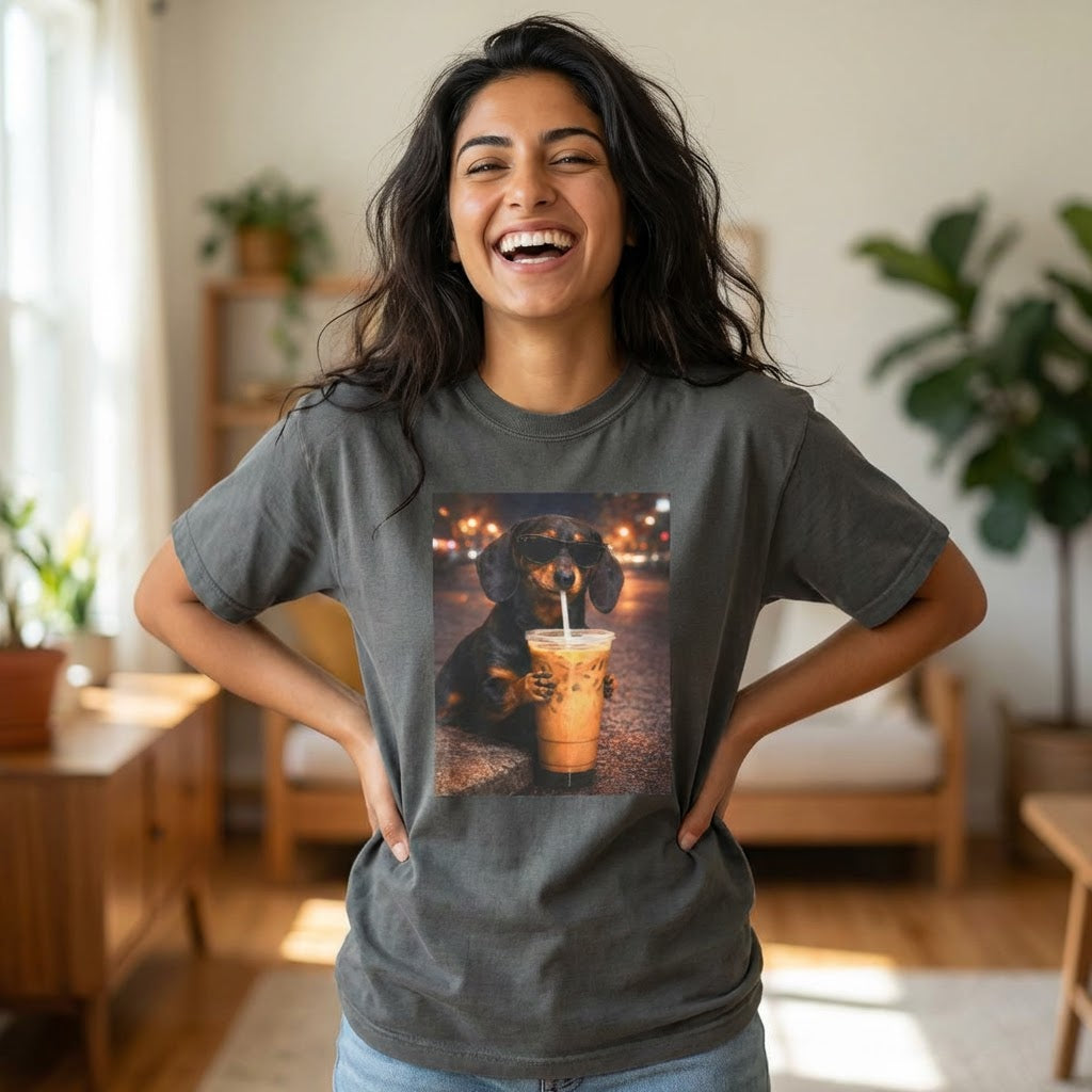 smiling woman wearing a grey graphic t-shirt featuring a dachshund dog in sunglasses drinking iced coffee in a casual home setting