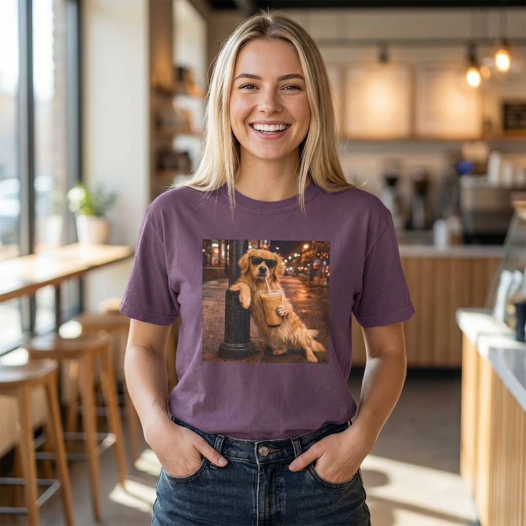 golden-retriever-iced-coffee-shirt-berry-purple-funny-dog-tee
