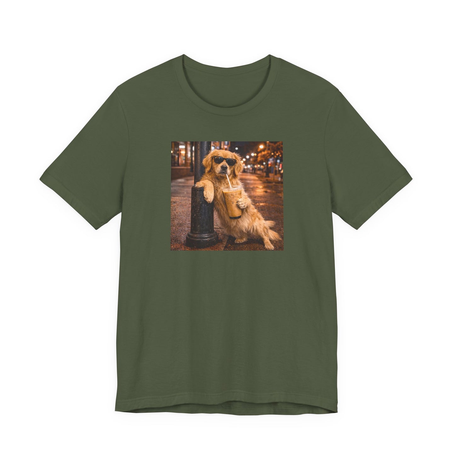 military green graphic tee featuring a golden retriever in sunglasses leaning on a post while holding an iced coffee on a city street at night
