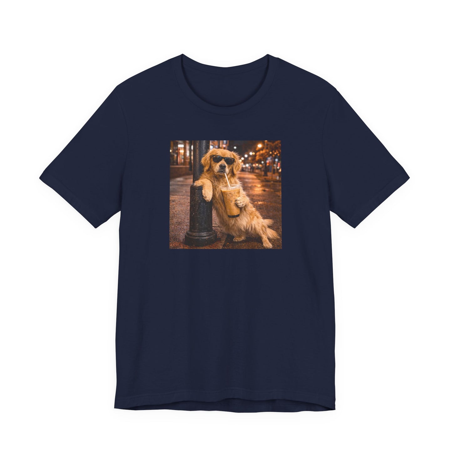 navy blue graphic tee featuring a golden retriever in sunglasses leaning on a post while holding an iced coffee on a city street at night
