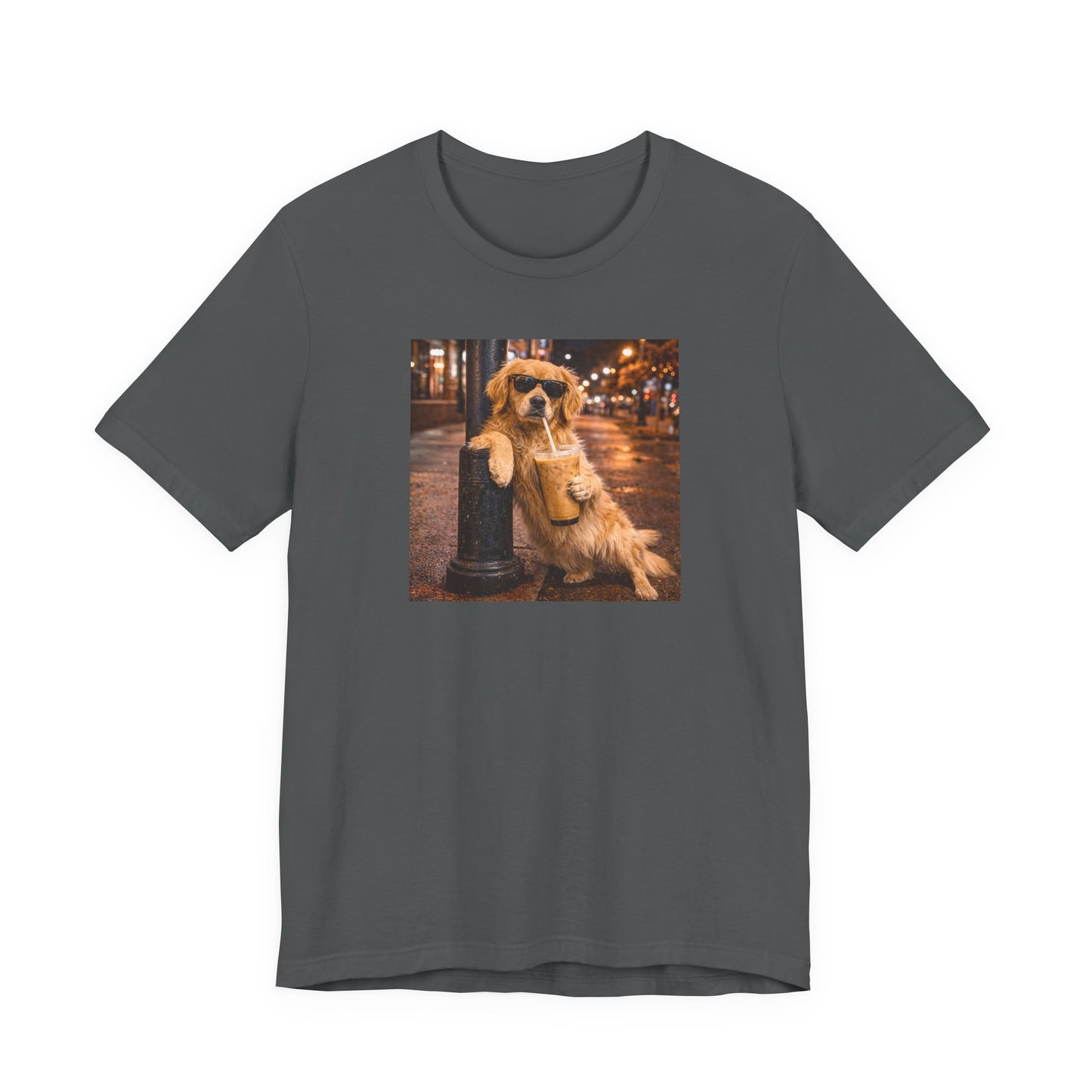 pepper graphic tee featuring a golden retriever in sunglasses leaning on a post while holding an iced coffee on a city street at night