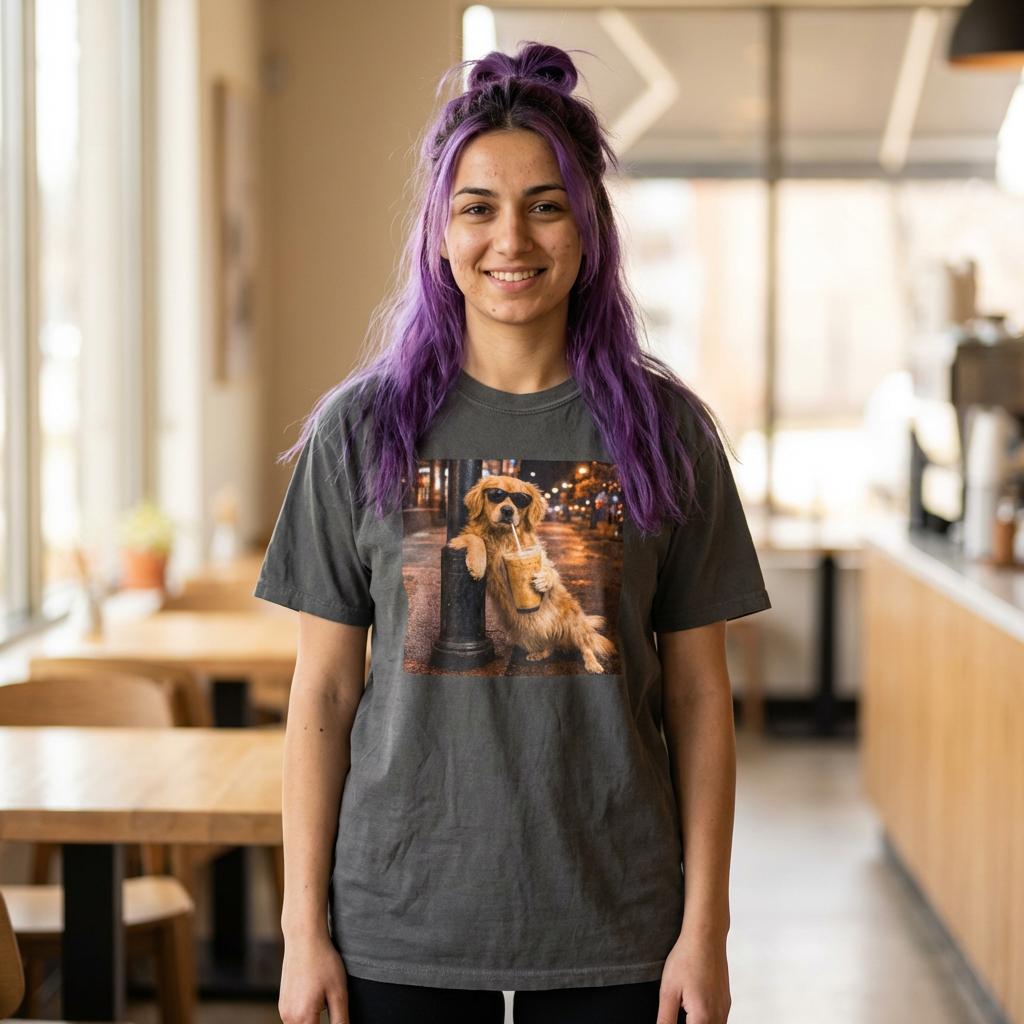 woman wearing pepper grey graphic tee featuring a golden retriever in sunglasses holding iced coffee in a casual cafe setting