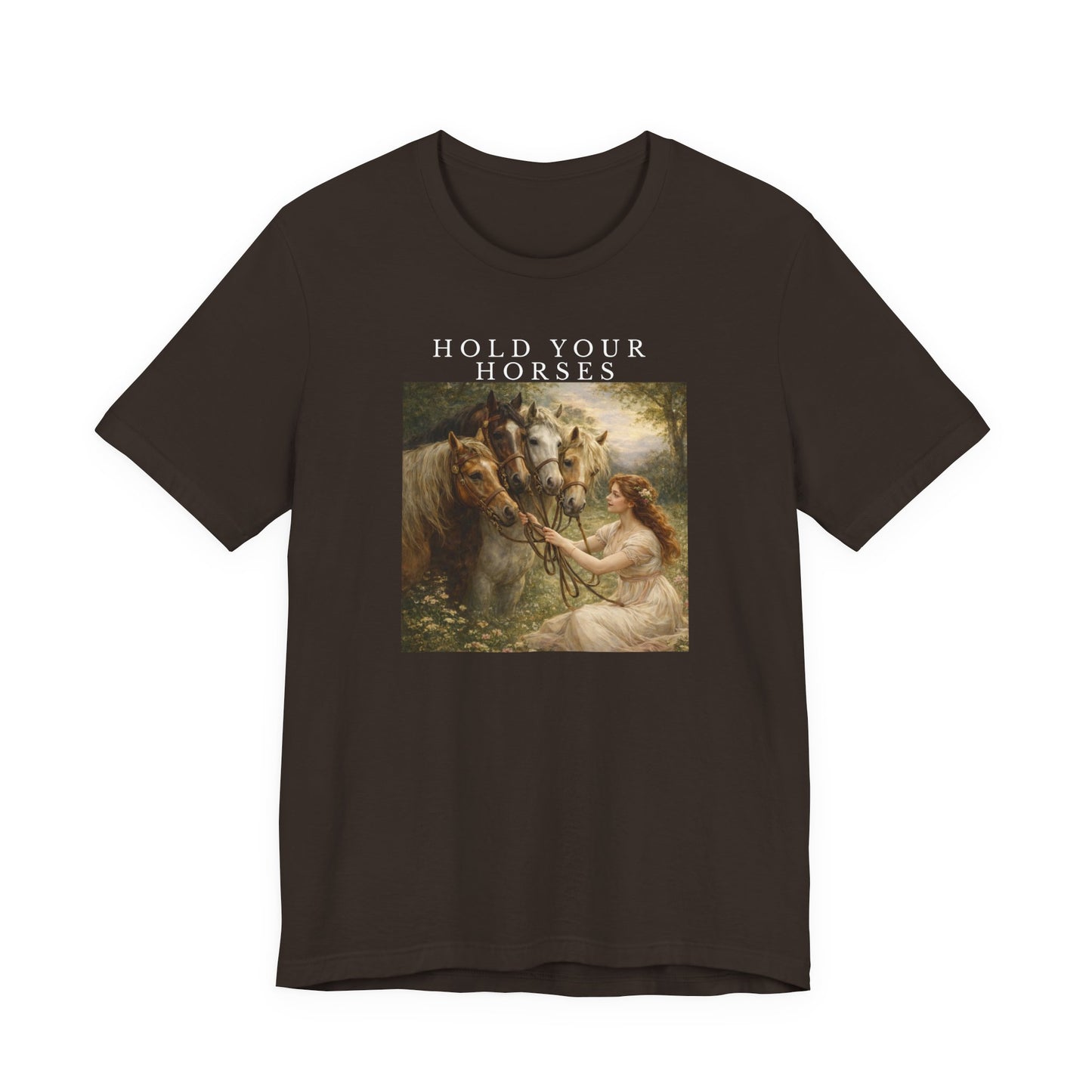 brown graphic t-shirt featuring “Hold Your Horses” text and vintage-style horse artwork on front