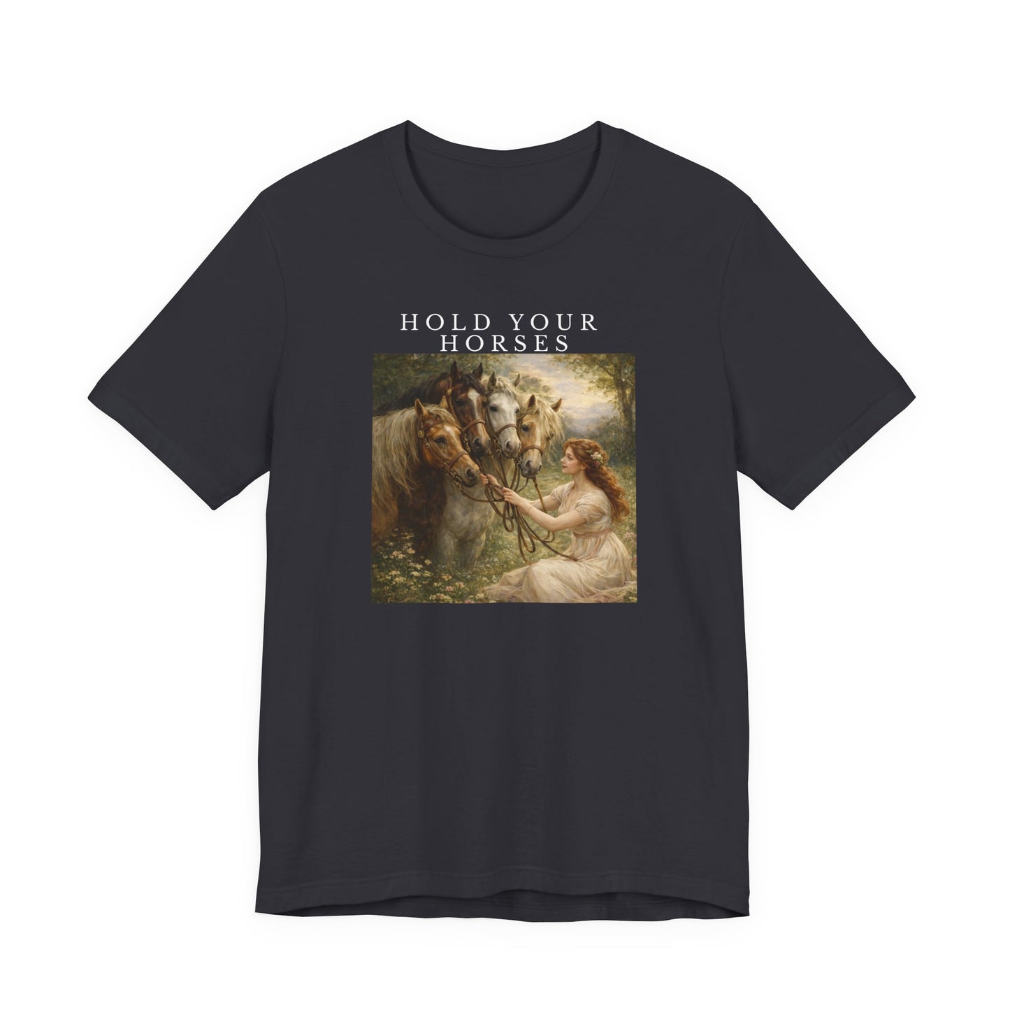 dark grey graphic t-shirt featuring “Hold Your Horses” text and vintage-style horse artwork on front