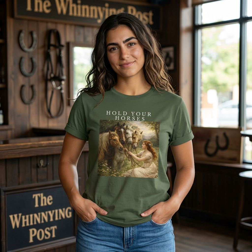 woman wearing green “Hold Your Horses” graphic t-shirt with horse illustration in western-style setting