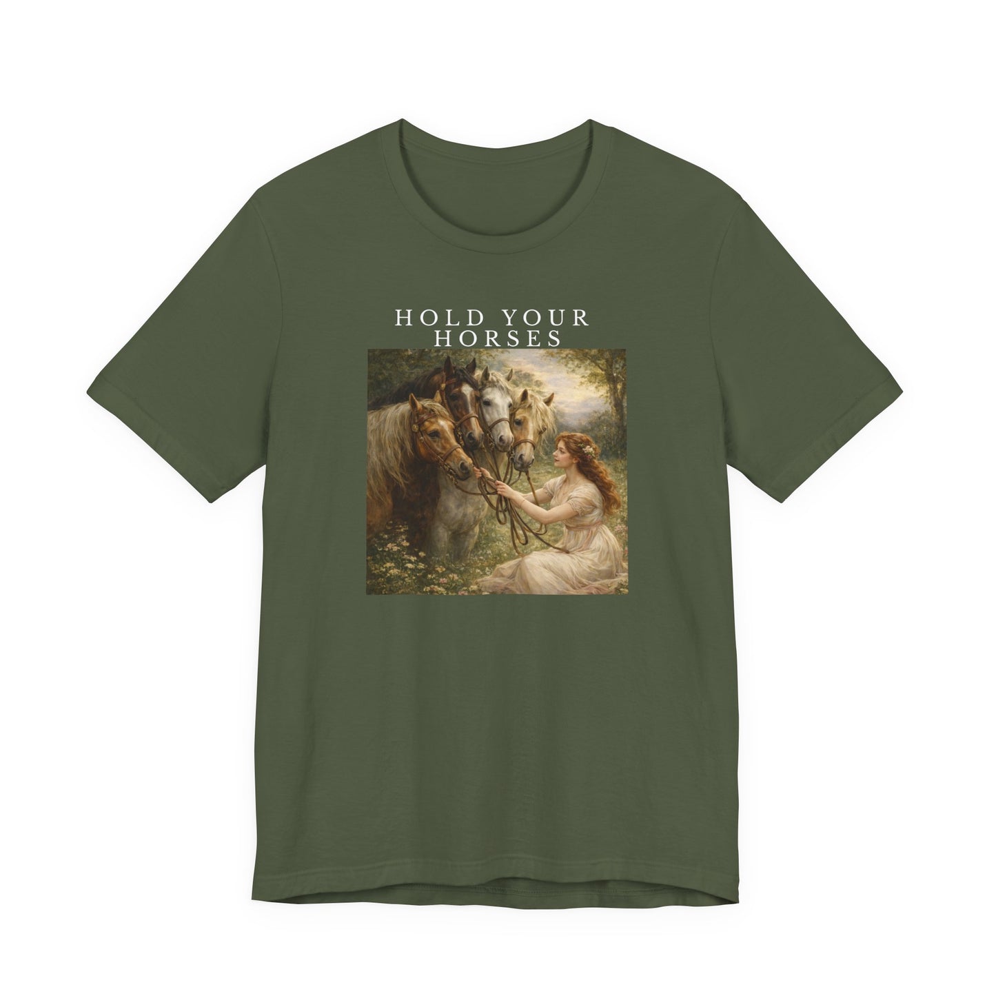 military green graphic t-shirt featuring “Hold Your Horses” text and vintage-style horse artwork on front