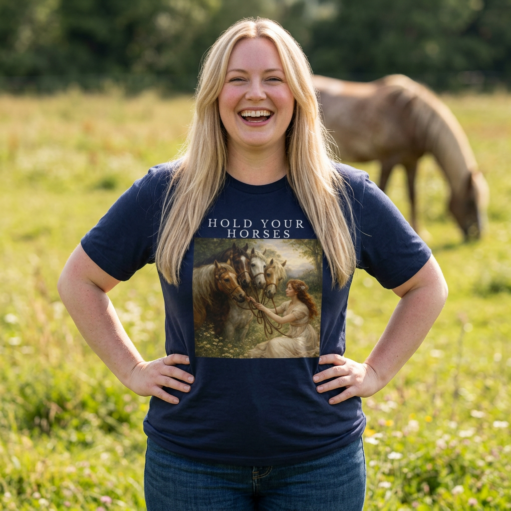 woman wearing navy “Hold Your Horses” graphic t-shirt standing outdoors with horse in background