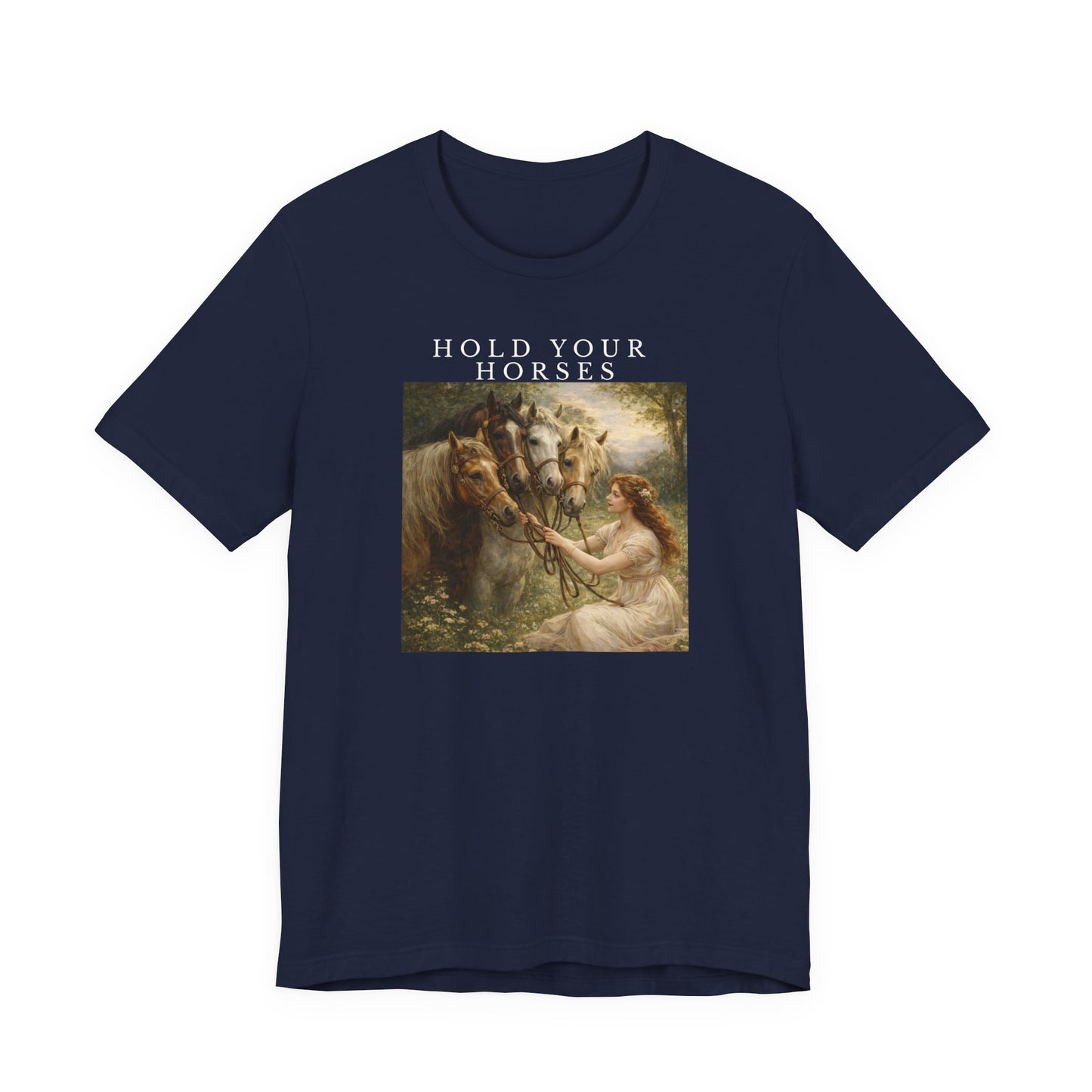 navy graphic t-shirt featuring “Hold Your Horses” text and vintage-style horse artwork on front