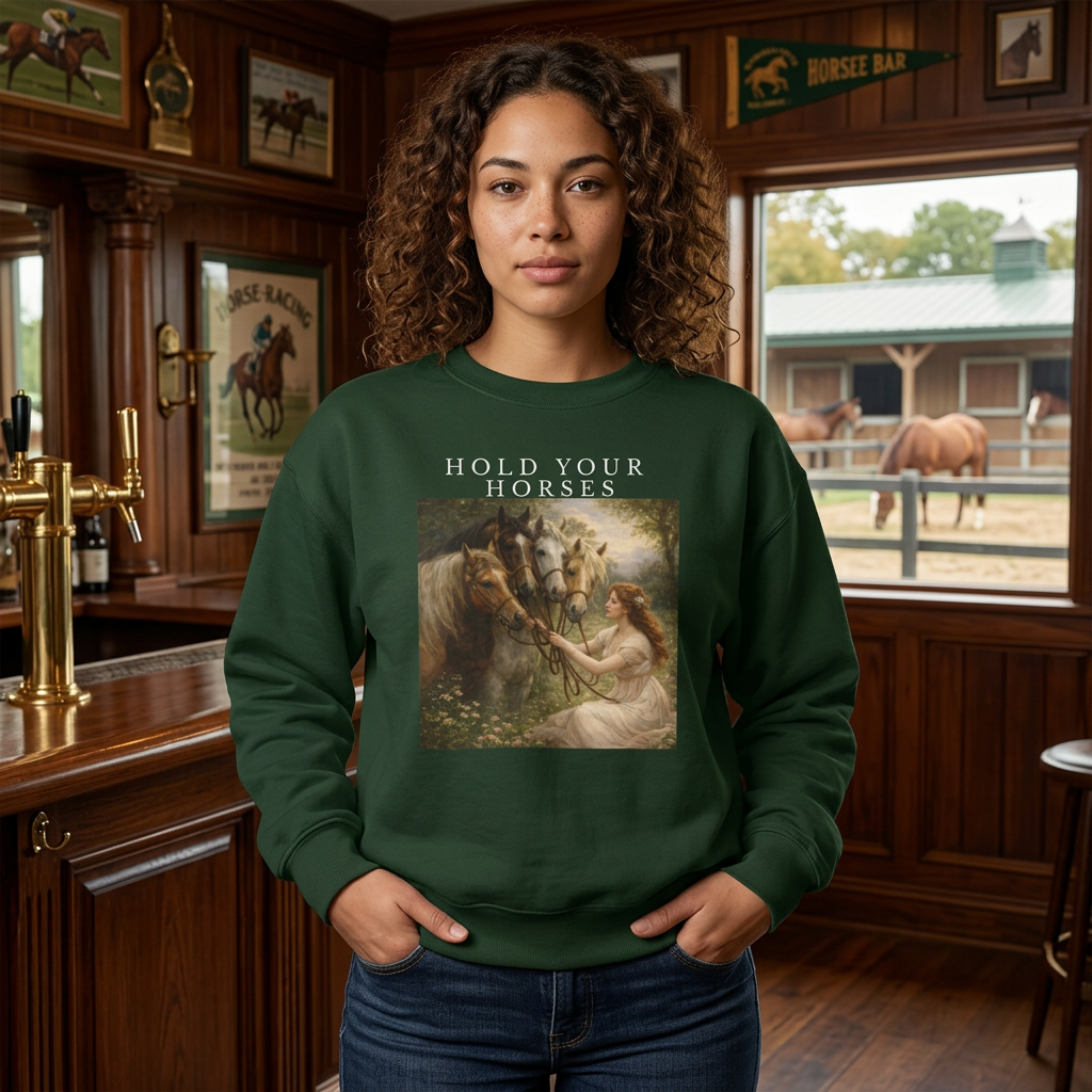 woman wearing forest green “Hold Your Horses” graphic sweatshirt in western bar setting with horses outside window