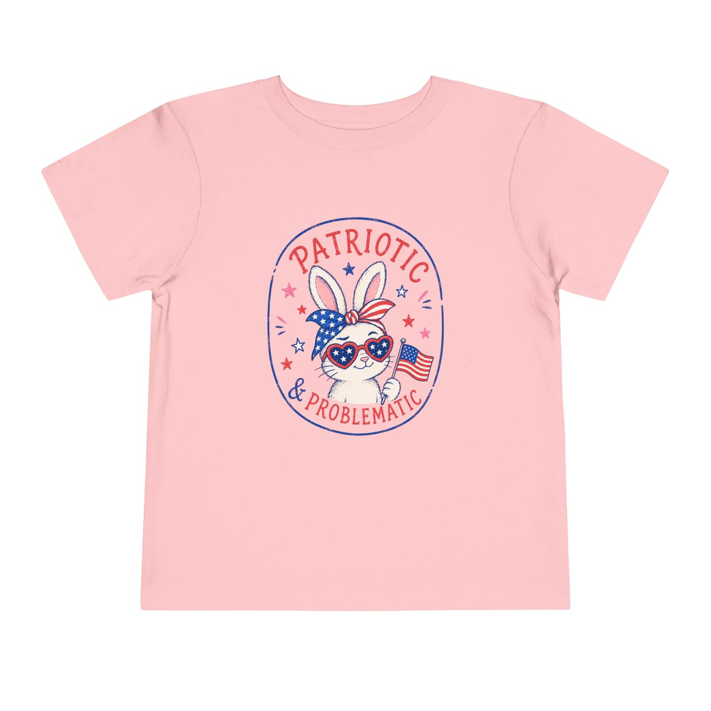toddler light pink patriotic bunny graphic t-shirt with patriotic and problematic quote and american flag sunglasses design 