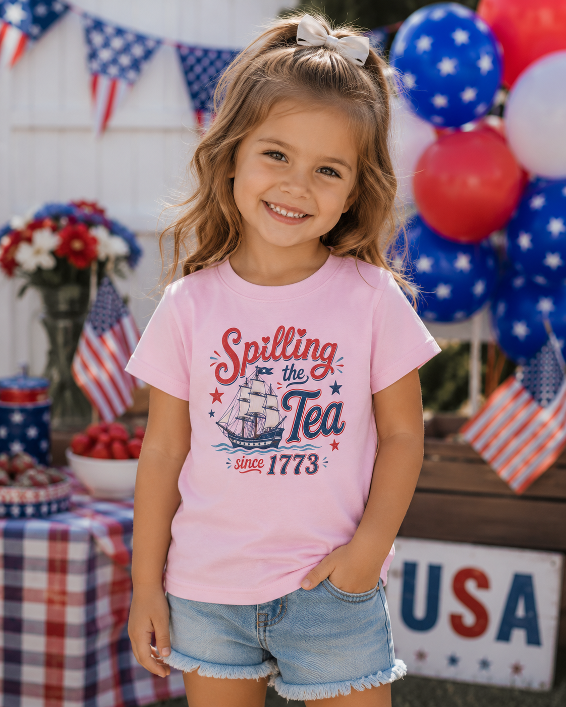 toddler girl modeling a light pink fourth of july graphic tee featuring spilling the tea since 1773 text with patriotic sailing ship artwork and festive red white and blue party decorations
