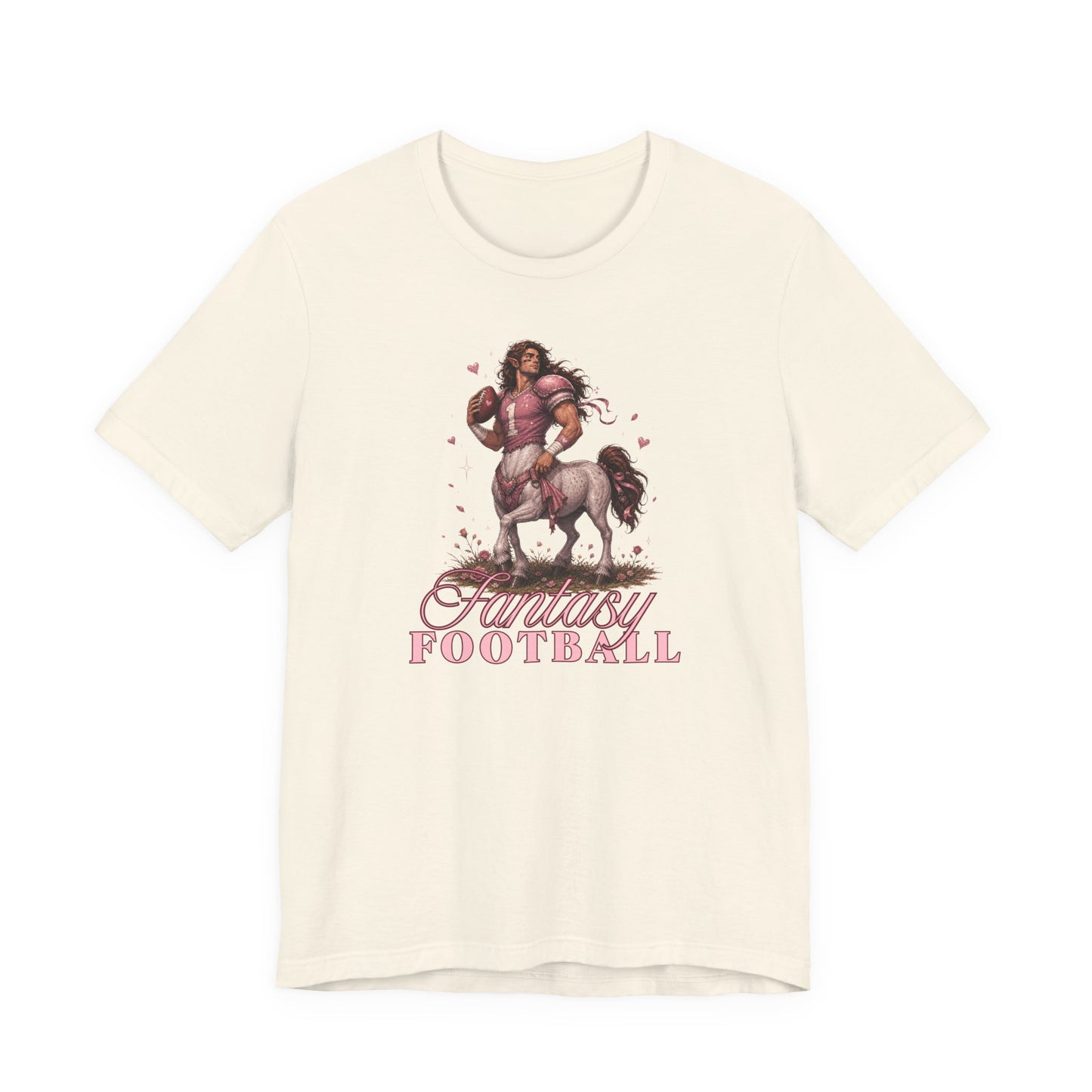 natural romantasy-inspired graphic tee featuring a feminine centaur football player with pink fantasy football lettering and soft fantasy aesthetic