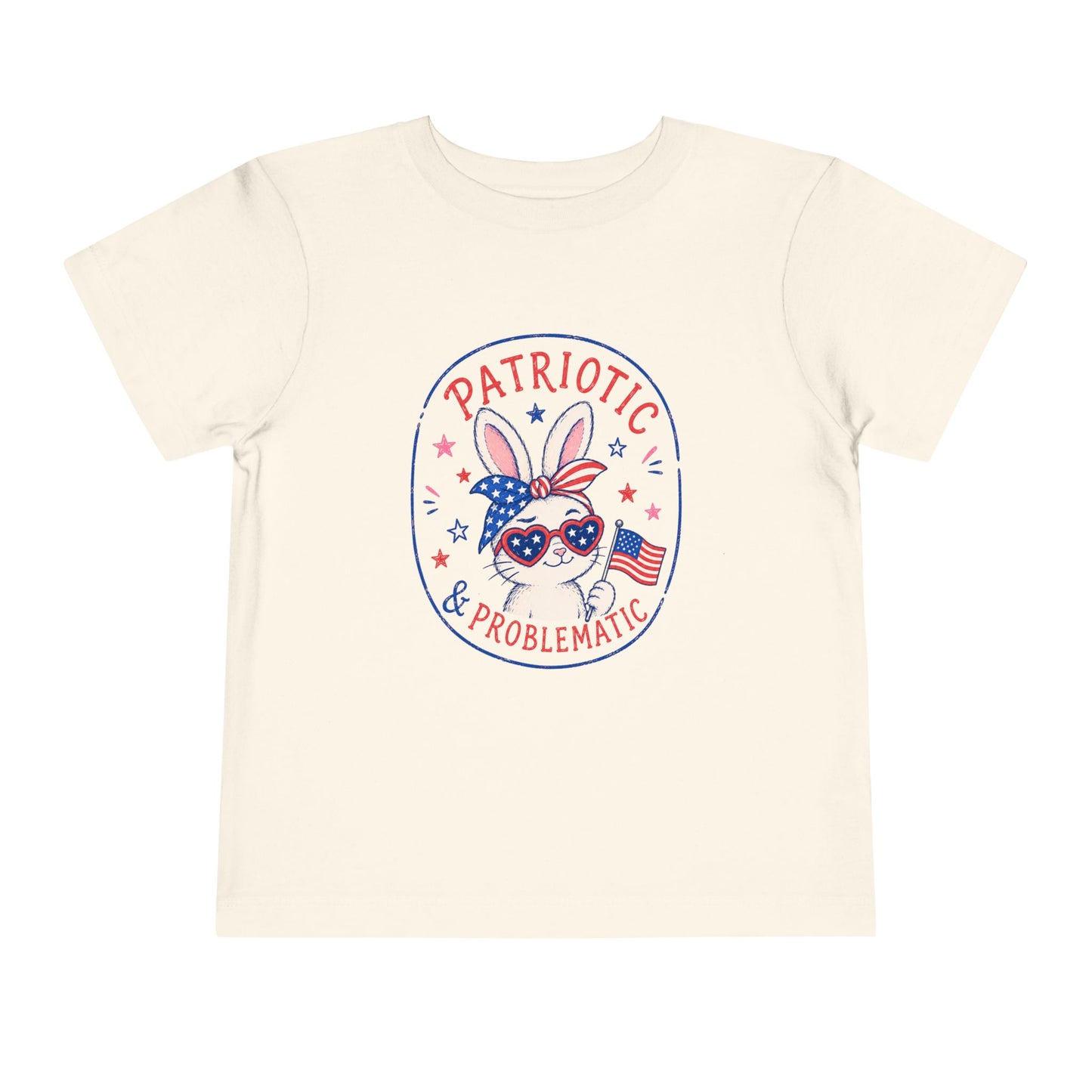 natural toddler fourth of july graphic tee featuring a cute patriotic bunny with american flag sunglasses, usa flag, and patriotic and problematic slogan in red and blue