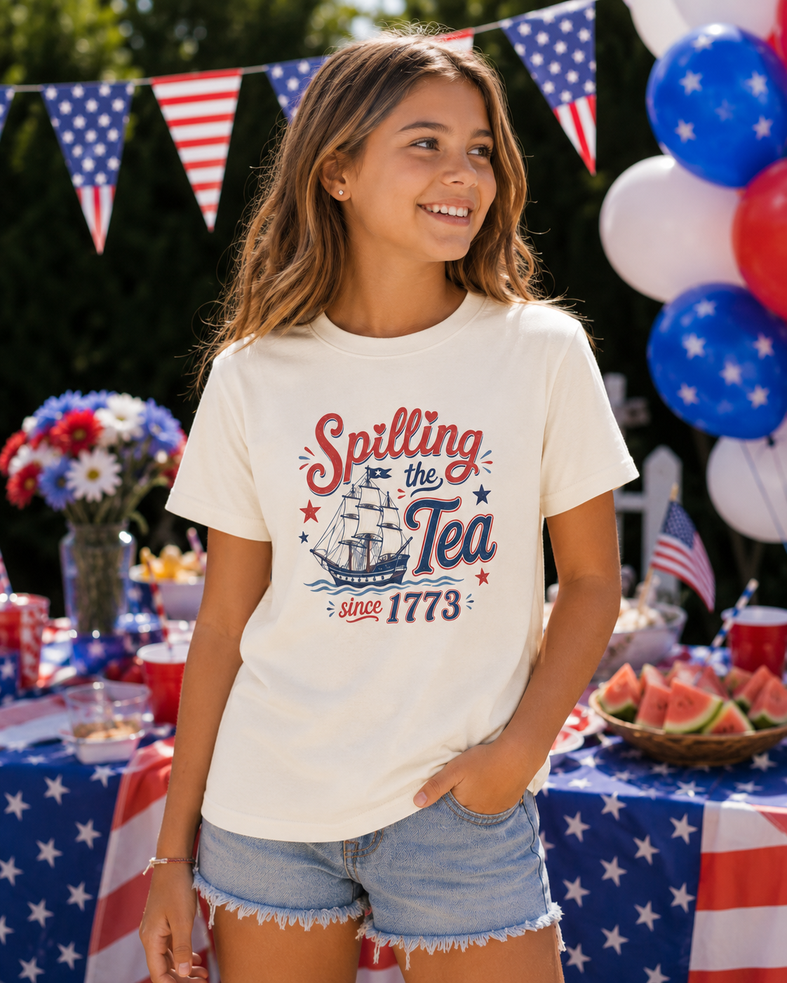 smiling tween girl modeling a natural colored youth patriotic graphic tee featuring spilling the tea since 1773 text with vintage sailing ship artwork at a festive fourth of july celebration