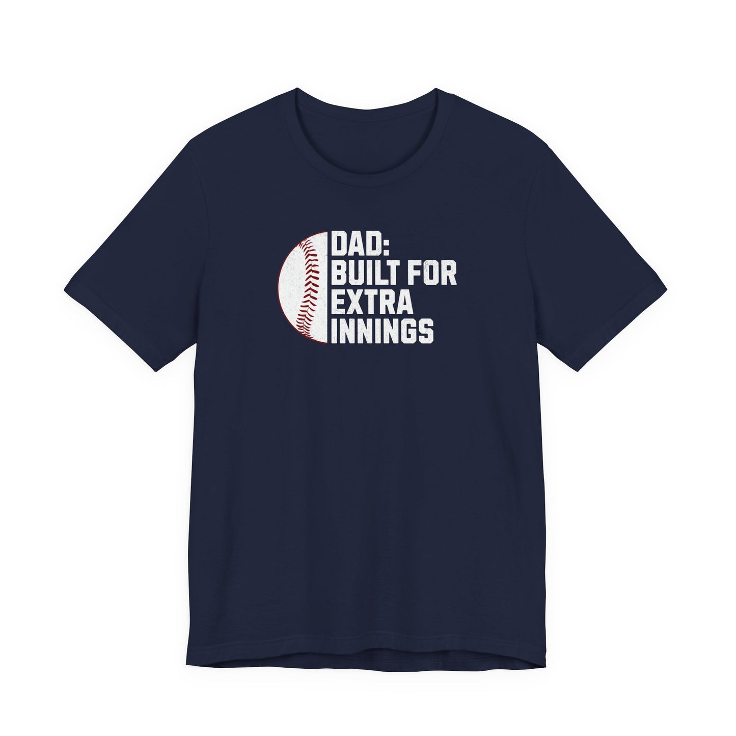navy graphic baseball shirt featuring dad built for extra innings text with distressed baseball artwork for fathers and baseball dads