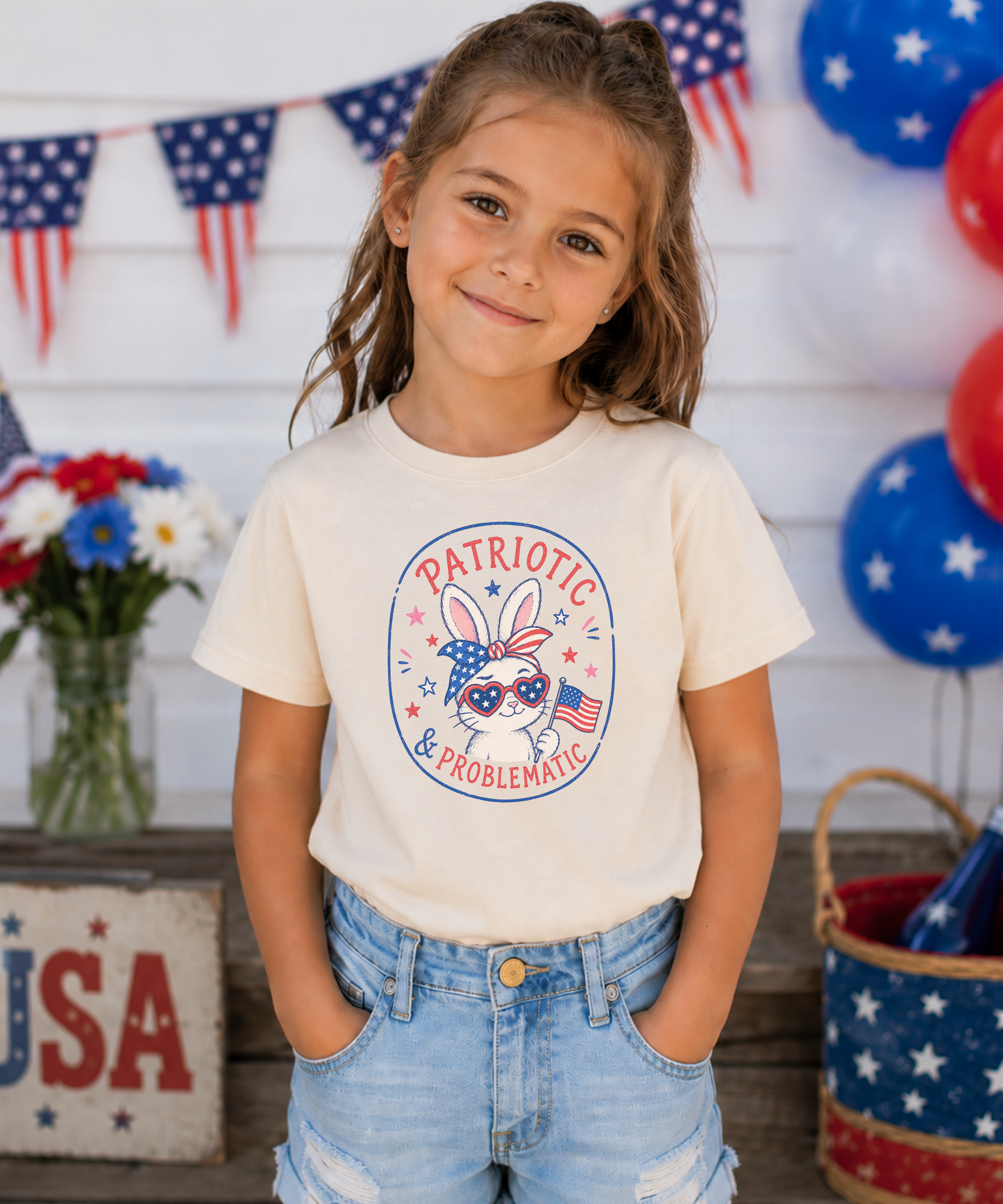 toddler girl modeling a patriotic and problematic bunny graphic tee featuring a cute bunny with american flag sunglasses, flag bandana, and mini usa flag for fourth of july celebrations