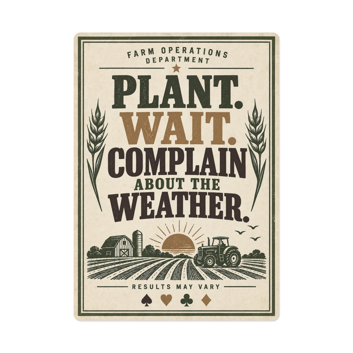 A rectangular vintage-style sign with rounded corners featuring the text 'FARM OPERATIONS DEPARTMENT' and 'PLANT. WAIT.