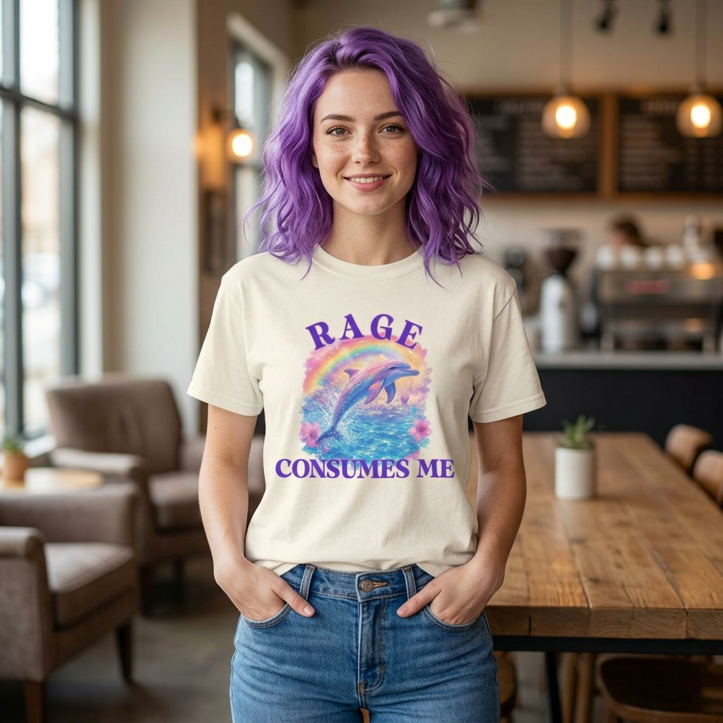 smiling woman wearing a cream graphic tee featuring a pastel dolphin jumping over a rainbow with the phrase rage consumes me in a cafe setting