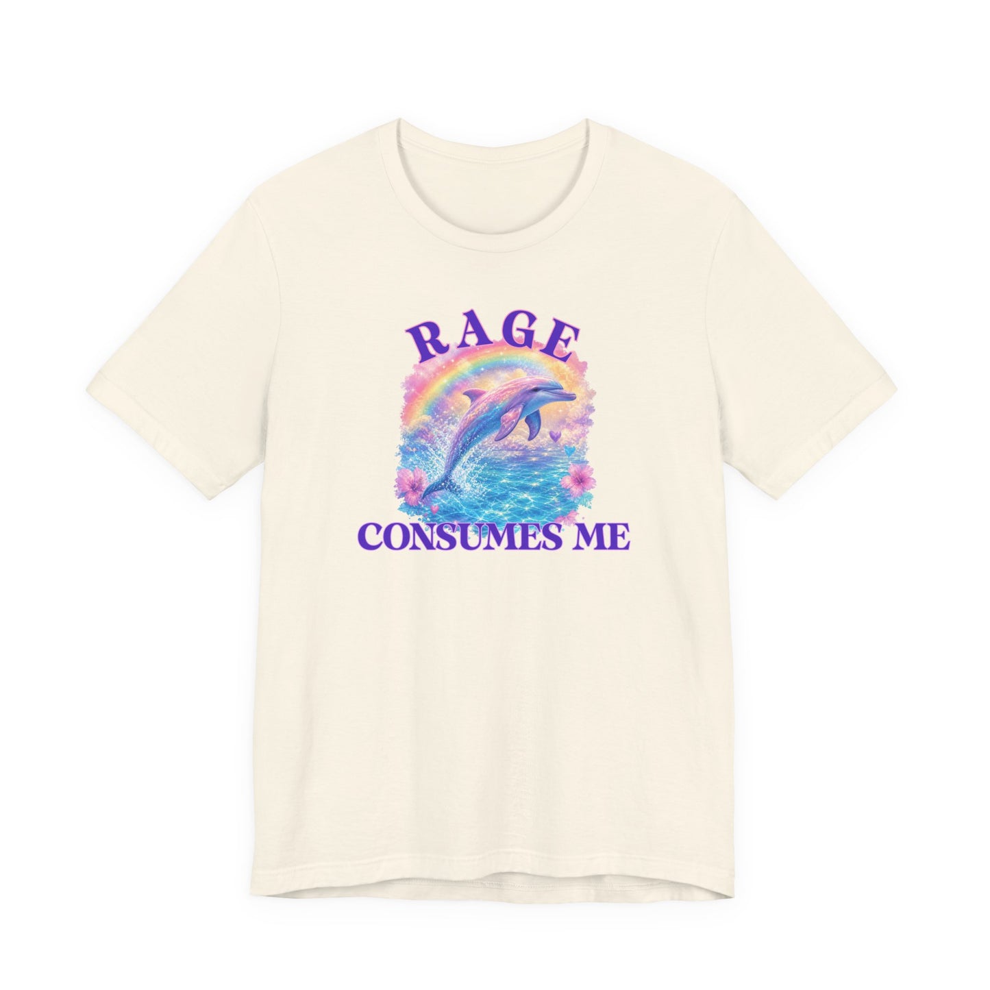 ivory graphic t-shirt featuring a pastel dolphin jumping over a rainbow with the phrase rage consumes me in purple lettering