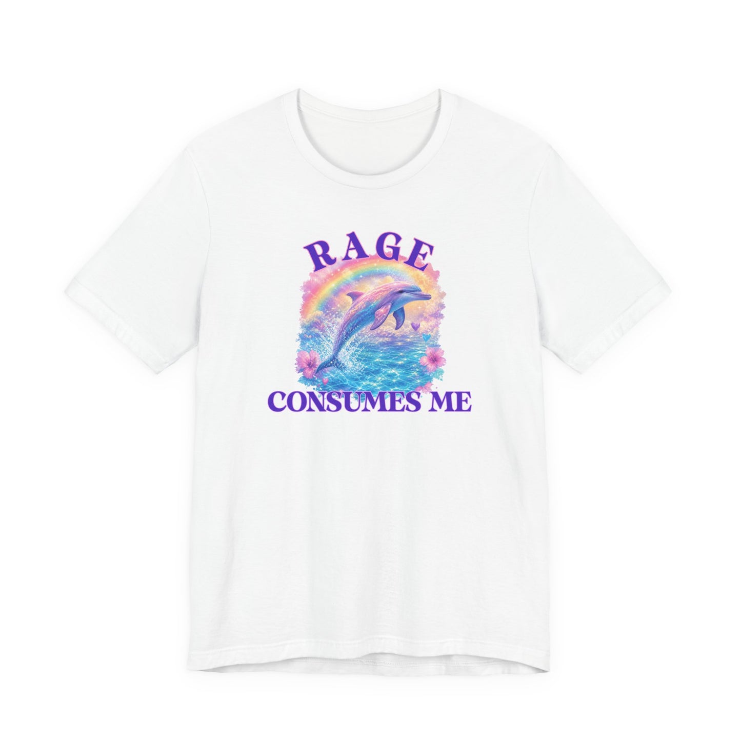 white graphic t-shirt featuring a pastel dolphin jumping over a rainbow with the phrase rage consumes me in purple lettering