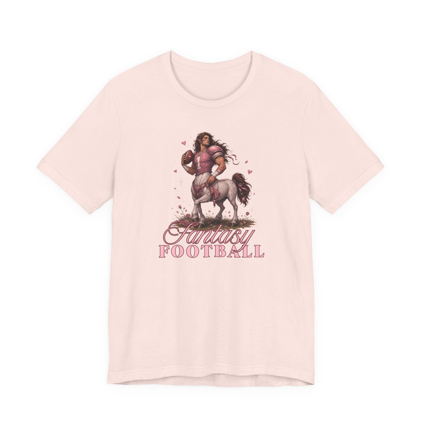 soft pink romantasy-inspired graphic tee featuring a feminine centaur football player with pink fantasy football lettering and soft fantasy aesthetic