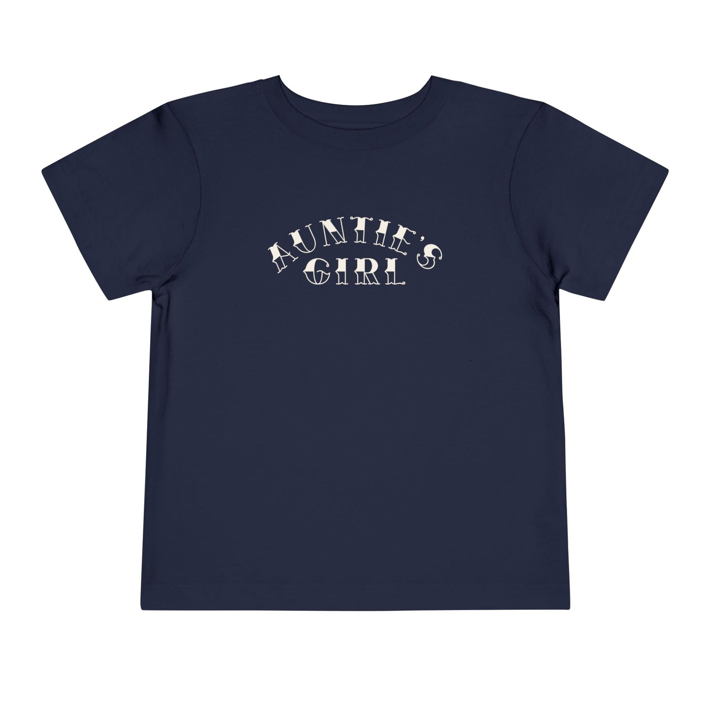 Navy Bella + Canvas 3001T toddler t-shirt featuring white “Auntie’s Girl” graphic lettering in a trendy vintage-inspired font on a minimalist boutique style design.